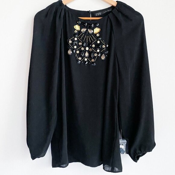Zara Black Beaded embellished Chiffon Blouse M - Picture 1 of 6